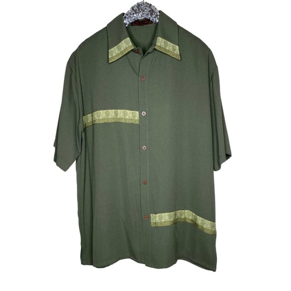 Creme De Silk Olive Green Button Up Shirt Short Sleeves Size L NWT - Picture 1 of 10